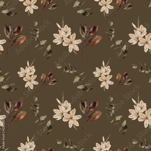 Branch  flowers watercolor painting on a dark background   seamless pattern. 