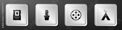 Set Wanted western poster, Cactus peyote in pot, Revolver cylinder and Indian teepee or wigwam icon. Silver square button. Vector