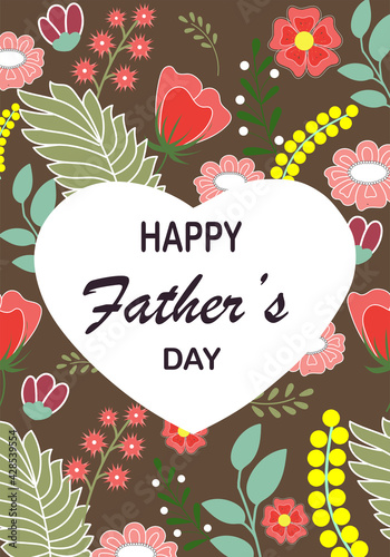Cute vintage floral cards. Heart shape with flowers and leaves. Beautiful greeting card for Father's day.