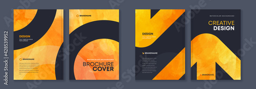 Watercolor booklet brochure yellow abstract cover template bundle set with black background