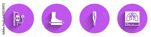 Set IV bag, Flat foot, Medical thermometer and Lungs x-ray icon with long shadow. Vector
