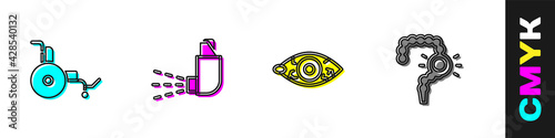 Set Wheelchair, Inhaler, Reddish eye and Gut constipation icon. Vector