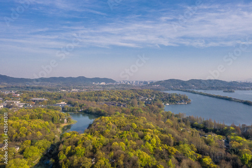 Aerial view of the boats and landscapes in West Lake in Hangzhou