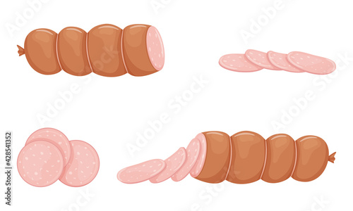 Set of pink boiled sausage products, whole sausage, half, sliced. Food, ready-made meat dish. Flat style. Color vector illustration isolated on a white background