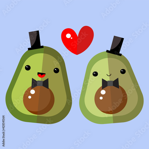 Cute gay men couple of avocado in bows and top hats. Ideal for wedding invitations, postcard, prints. Pride equal family. Romantic illustration clip art.