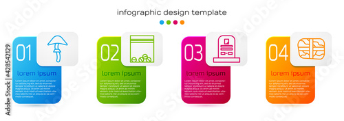 Set line Psilocybin mushroom, Plastic bag of drug, Tombstone with RIP written and Package with cocaine. Business infographic template. Vector