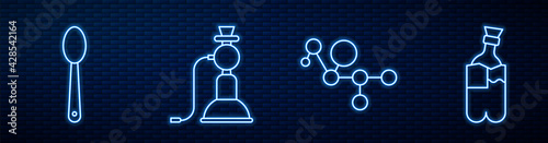 Set line Cannabis molecule, Heroin in a spoon, Hookah and Bong for smoking marijuana. Glowing neon icon on brick wall. Vector