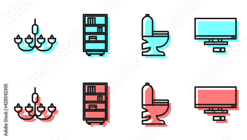 Set line Toilet bowl, Chandelier, Library bookshelf and Smart Tv icon. Vector