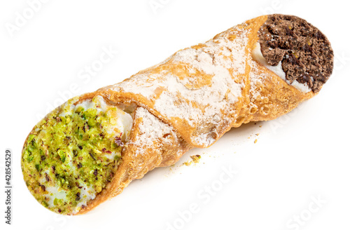 Traditional homemade Sicilian  dessert Canolli with cream cheese Top view. photo