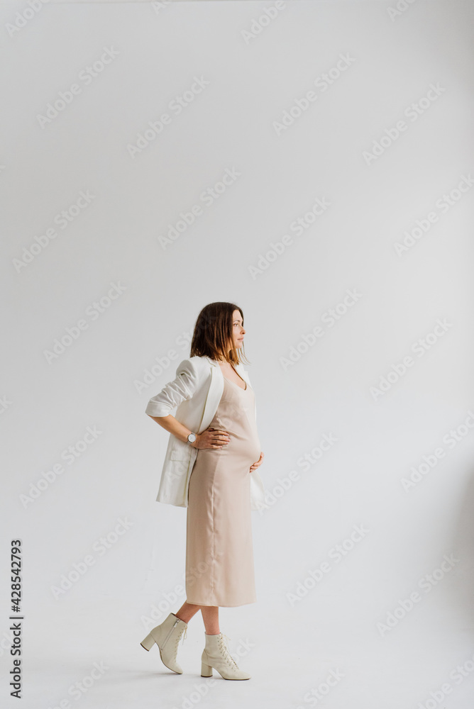 Beautiful young pregnant woman in a dress in the studio. Beautiful young pregnant woman in a dress in the studio.
