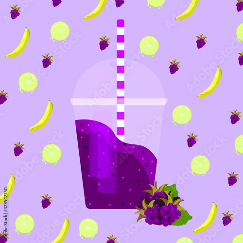 Vector illustration of a plastic glass of smoothies. Refreshing and healthy blackberry lime banana in one bottle