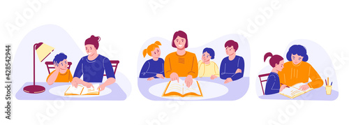 Set of vector illustrations about home schooling. Tutor, mother teaches lessons with children. Flat style. Isolated on a white background.