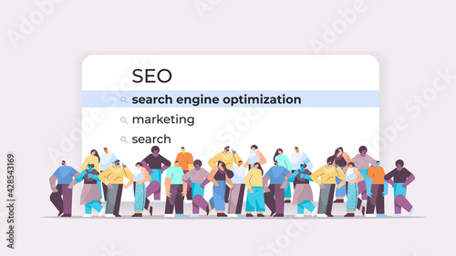 mix race people choosing seo in search bar on virtual screen search engine optimization internet networking concept