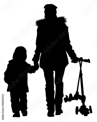 Families with little child walking on street. Isolated silhouettes of people on white background