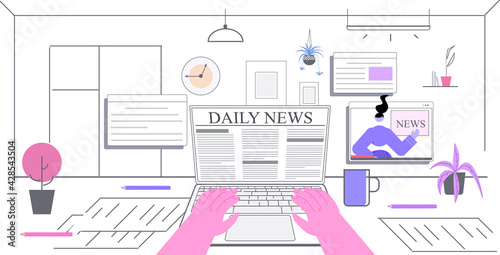 person reading daily news on laptop screen newspaper press network concept horizontal