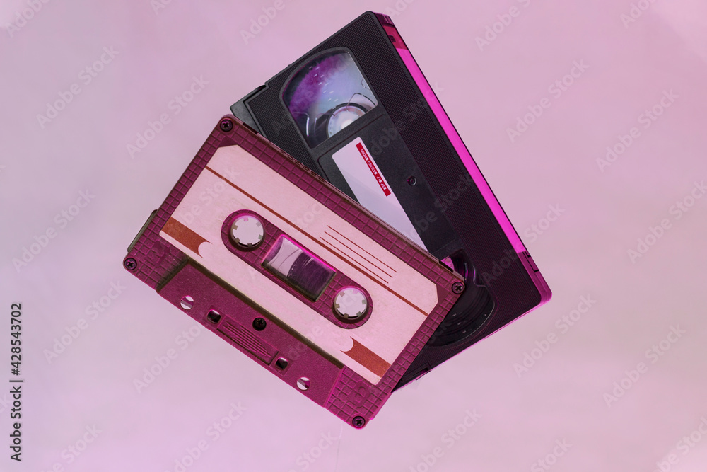 audio cassette and video tape on background. VHS video tape background