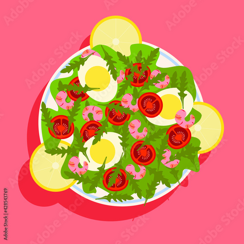 Fototapeta Naklejka Na Ścianę i Meble -  illustration sticker caesar salad with shrimp lemon rucola cherry tomatoes and egg in white plate on pink background