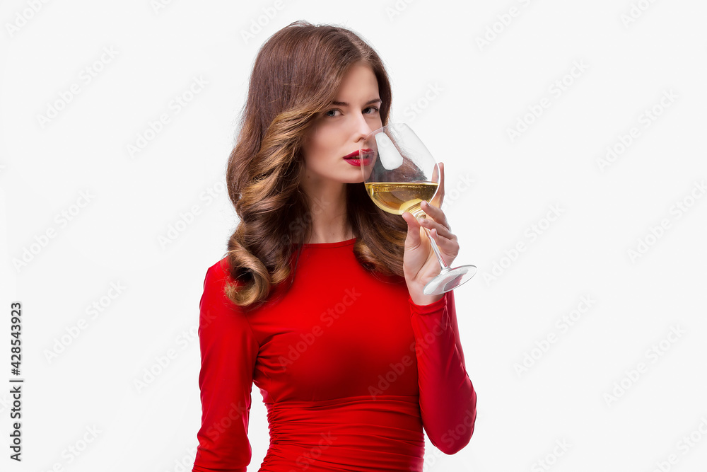 Beautiful woman holding glass of wine onwhite background Beautiful woman holding glass of wine onwhite background
