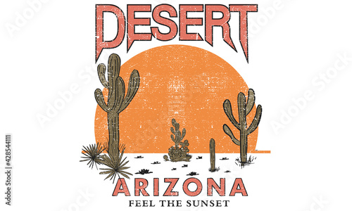 Cactus desert vector design for t-shirt. desert vibes arizona vector artwork design. sunset desert vector.