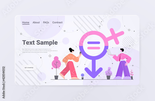 businesspeople near female and male gender sign feminism equal social and civil rights equality concept