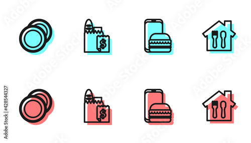 Set line Online ordering and delivery, Plate, and icon. Vector