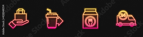 Set line Online ordering and delivery, , Coffee cup to go and Fast by car. Glowing neon icon. Vector