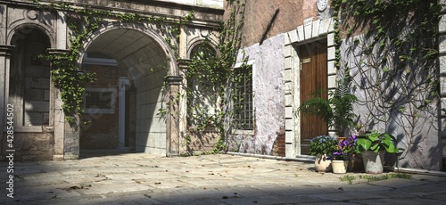 3D illustration of a cozy courtyard in the Italian style. Ancient stone houses in the rays of the bright midday sun. Beautiful authentic cityscape.