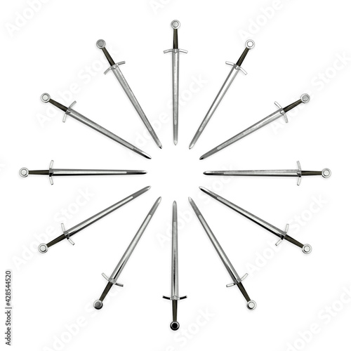 Twelve medieval swords in round 3d rendering