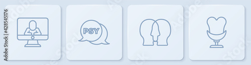 Set line Psychologist online, Bipolar disorder, Psychology, Psi and Armchair. White square button. Vector
