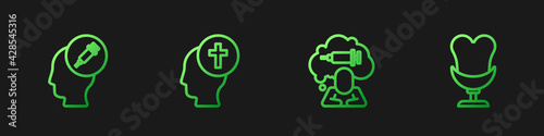 Set line Addiction to the drug, , Man graves funeral sorrow and Armchair. Gradient color icons. Vector