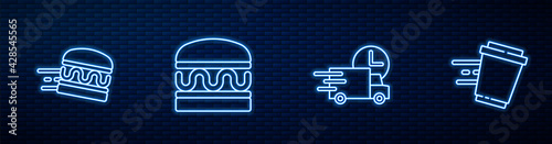 Set line Fast delivery by car, Online ordering burger, Burger and Coffee cup to go. Glowing neon icon on brick wall. Vector