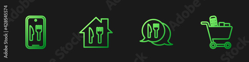 Set line Cafe and restaurant location, Online ordering delivery, and Shopping cart food. Gradient color icons. Vector