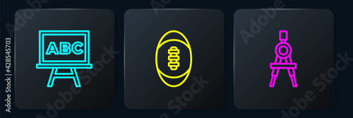 Set line Chalkboard, Drawing compass and American Football ball. Black square button. Vector