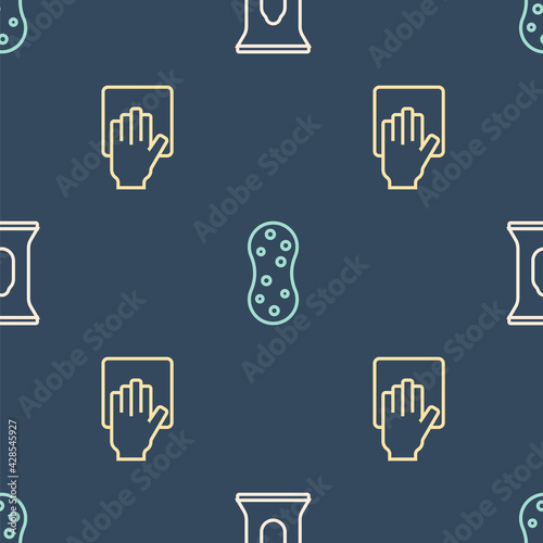 Set line Wet wipe pack, Cleaning service and Sponge on seamless pattern. Vector