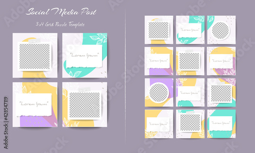 Social media feed post template in grid puzzle style with organic shape background