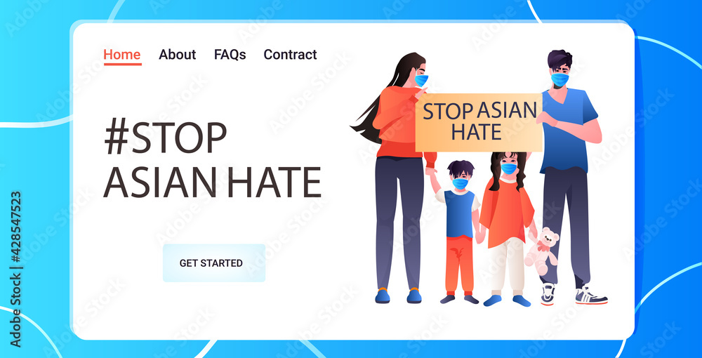stop asian hate family in masks holding banner against racism support people during coronavirus pandemic stop asian hate family in masks holding banner against racism support people during coronavirus pandemic
