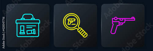 Set line Military ammunition box, Mauser gun and Pistol or search. Black square button. Vector