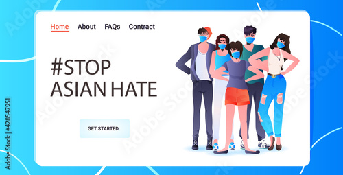 stop asian hate activists in masks protesting against racism support people during coronavirus pandemic concept