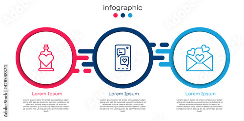 Set line Bottle with love potion, Mobile heart and Envelope Valentine. Business infographic template. Vector