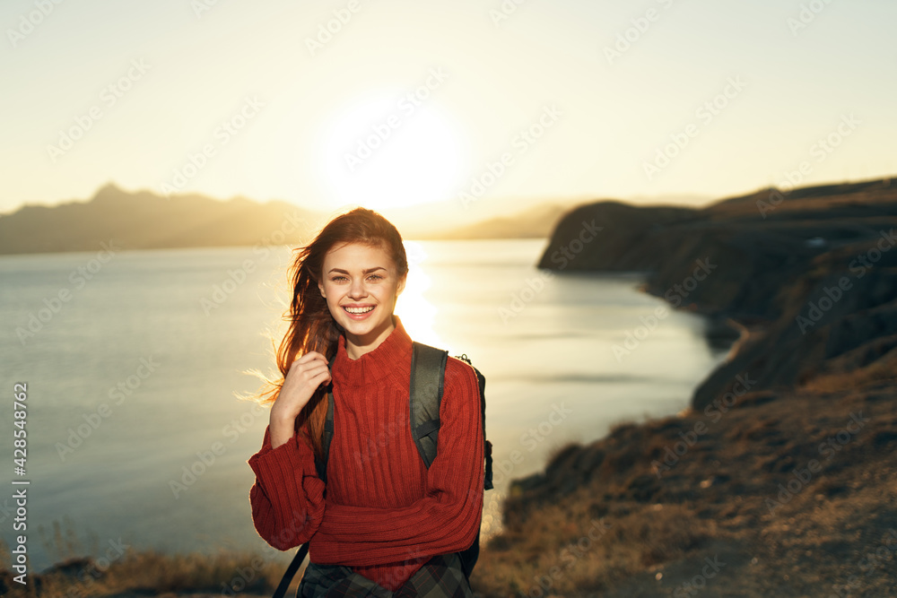 smiling woman hiker with backpack rocky mountains travel smiling woman hiker with backpack rocky mountains travel