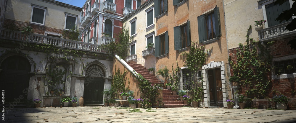 Naklejka premium 3D illustration of an ancient city street in the Italian style. Ancient stone houses in the rays of the bright midday sun. Beautiful authentic urban landscape.