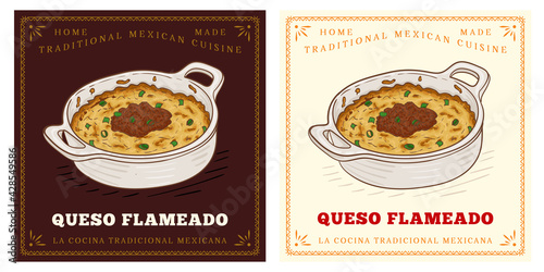 Melted Mexican cheese Queso flameado realistic vintage illustration