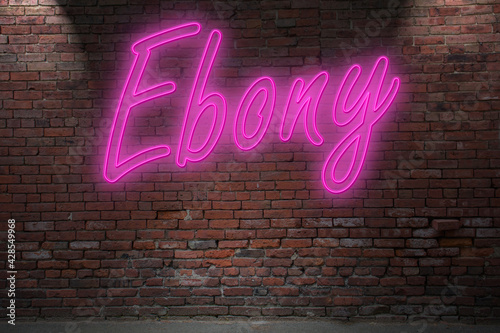 Neon Ebony lettering on Brick Wall at night