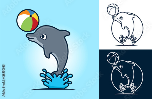 Funny dolphin playing ball. Vector cartoon illustration in flat icon style