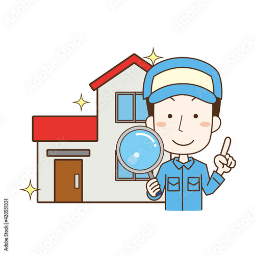 虫めがねを持って住宅の調査を行う男性作業員