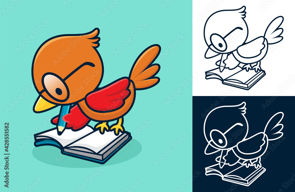 Cute bird use glasses, writing in a book. Vector cartoon illustration