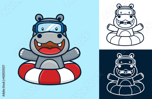 Funny hippo wearing diving goggles on lifebuoy. Vector cartoon illustration in flat icon style