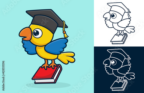 Cute bird wearing graduation hat while carrying book in its feet. Vector cartoon illustration in flat icon style
