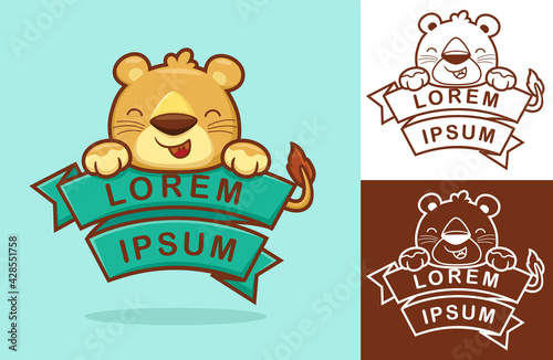 Cute baby lion with ribbon. Vector cartoon illustration in flat icon style
