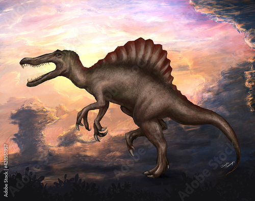 Spinosaurus in the sunset – illustration © Claudia Prommegger